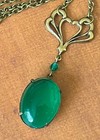 Vintage Necklace Art Nouveau Antique Green Czech Glass On Brass Lavalier Pendant