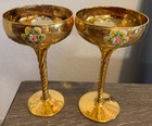 2 Vtg Yellow Murano Tre Fuochi Champagne Glasses 24k Gold Overlay Hand Blown 7 