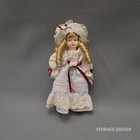 Vtg Porcelain Small Girl Doll 8  Blonde Curly Hair  Outfit  Hat  Made In China