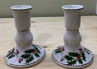 Set Of 2 Vintage Holiday Holly Collection Porcelain Taper Candle Holders Japan