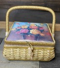 Wicker Sewing Basket Floral Fabric Accent With Contents Needles Thread Vintage