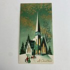 Vintage Mid Century Christmas Greeting Card Green Tall Church Cathedral Villager