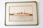 Rare Vintage Framed Textile Artwork With Steam   Sail Ship Unique