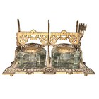 Antique Victorian Cast Iron Ornate Double Glass Inkwell Set Eastlake Style 