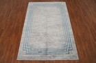 Gray  Ivory Stylish Geometric Rug With Blue Border Accent 5x7 Modern Carpet