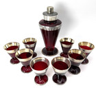 Art Deco Rare Silver Overlay Ruby Red Cocktail Shaker W   8  Footed Cups