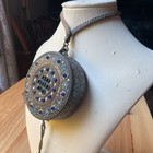 Engine Turned Dance Compact Blue And White Flowers Cabochon Blue Stones Tassel 