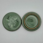 Vintage Celadon Ceramic Inlaid Flying Cranes Lidded Box Incense Kogo Signed 3 