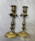 Vintage Brass Candle Holders Pair Leaf Floral Base Taper Candlesticks 9  Tall