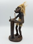 Vintage Hand-carved Tiki Wooden Figures Set  Folk Art Sculpture Raffia Hair