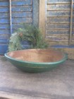 Early  Antique Wood Dough Bowl W Wide Rim Green Milk Paint 12-1 2 