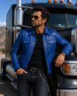 Men s Blue Cowhide Leather Bomber Trucker Jacket Classic Style