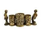 Vtg Vanity Lipstick Brush Holder Gold Filigree Metal Cherub Hollywood Regency
