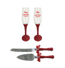 Red Glitter Toasting Flutes And Cake Knife Server Set  Wedding Gift
