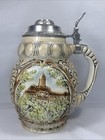Large Sitzendorf German Beer Stein 1l Relief Castle   Goddess Pewter Lid Vintage