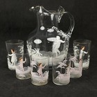 Mary Gregory Glass Pitcher And 6 Cups White And Pink  read 