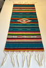 Vintage Mexican Serape Saltillo Hand Woven Wool Runner 39 x13 5  Fringed Blue