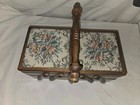 Vintage Wood Sewing Box Expandable Accordion 2 Tier Floral Tapestry Top 12x6x9