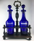Antique French Enameled Cobalt Blue Glass Oil  Vinegar  In Original Wood Stand