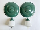 Pair Vtg Remcraft Green Metal   Frosted Ribbed Glass Industrial Pendant Lights