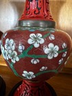 Pair Of Hand-carved Cinnabar And Enamel Cloisonne Vases