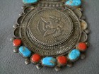 Huge Native American Turquoise Coral Cluster Half Dollars Sterling Silver Pin