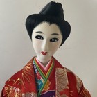 Vintage 17    Japanese Geisha Doll With Red Kimono On 1    High Bamboo Base   Sign