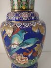 20th Century Chinese Large Cloisonne Blue 15  Vase With Birds And Flowers