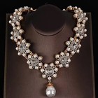 Vintage Pearl Statement Necklace Earrings Set Gold Tone Rhinestone Bridal
