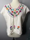 Womens Embroidered Mexican Oaxacan Boho Top Sz M White Bright Floral