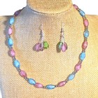 Colorful Glass Beaded Necklace Earring Set Translucent Flower Toggle Clasp 