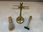 Vintage 1984 Justen Solid Brass Shaving Set Nos 3 Pc Stand Brush Razor Box 72398
