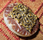 Antique Victorian Button - Deeply Carved Pink Mother Of Pearl W Metal Overlay