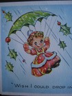 Unused 1940s Vintage Tri-fold  Notecard Christmas Girl W  Holly Parachute