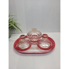 Art Deco Glass Vanity Set  Tray Candleholders And Powder Dish  Red Vertical Trim