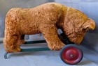 Antique 1900 s Teddy Bear On Wheels Brown Mohair Stuffed Ride Pull Toy Worn Aged