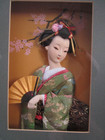 Vintage Porcelain Geisha Doll Green gold Brocade Kimono W  Fan Shadow Box Frame