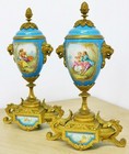 Pair Of Antique French Gilt Metal   Sevres Porcelain Mantle Clock Garnitures