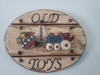 Vtg Country Wooden Sign Old Toys Train Boat Top Blocks 8 X 6 Oval