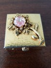 Antique Gold Pill Box W  Pearl Pink Flower   Rhinestone Vtg White Enamel Inside