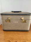 Vintage Tweed Train Case Vanity Makeup Lucite Handle Brass Hardware Mirror