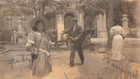 Vintage Photo Old Outdoor Antique Lady Girl Dress Man Hat Building Courtyard