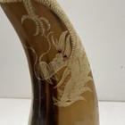 Vintage Chinese Carved Horn Dragon Sculpture Statue Red Eyes Wooden Base