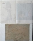 Lot Of 03  handmade  Drawings On Old Paper Signed Mixed Media  Vtg Art
