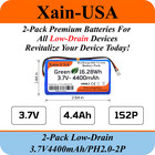  2-pack  3 7v 4400mah Rechargeable Li-ion Battery Pack With Jst-ph2 0 2p Plug