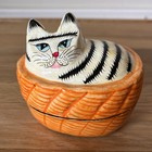 Cat In Basket Papier Mache Black Lacquer Trinket Box Cute Vintage
