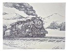 Original Pen   Ink Detailed Drawing Of Train Steam Locomotives Signed Gilles 