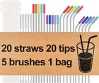 Set Of 20 Eco-friendly Metal Straws With 5 Brushes   Silicone Tips For Drinking