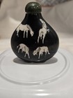 Chinese Black Snuff  Bottle White Horse Design W  Green Stopper   Marked