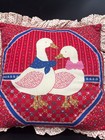 Vintage 80 s Red Quilted Cottagecore Country Ducks Geese Lace Trim Throw Pillow